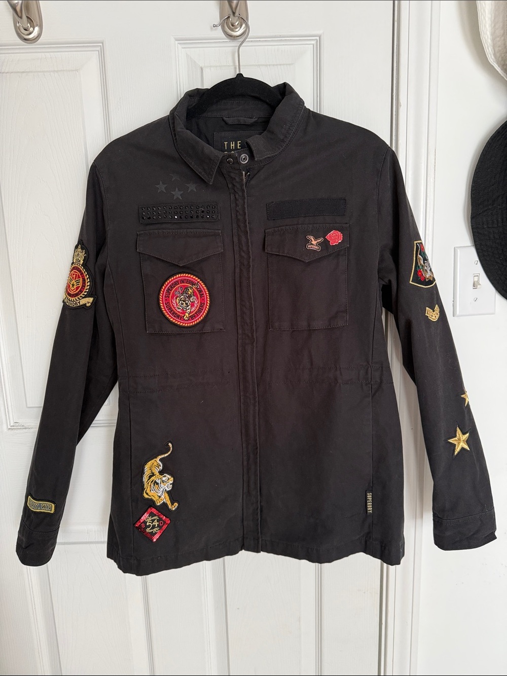 Superdry the Rookie Military Jacket with Patchwork Sequins, Black, Sz US10